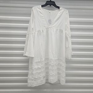 Made With Love White V-Neck Oversized Bohemian Lace Trim Dress